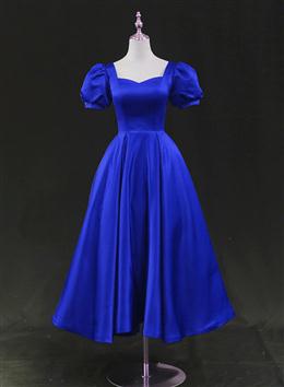 Picture of Royal Blue Satin Tea Length Wedding Party Dresses, Blue Prom Homecoming Dresses